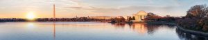 Jefferson Memorial and Washington Monument reflected on Tidal Basin in the morning.